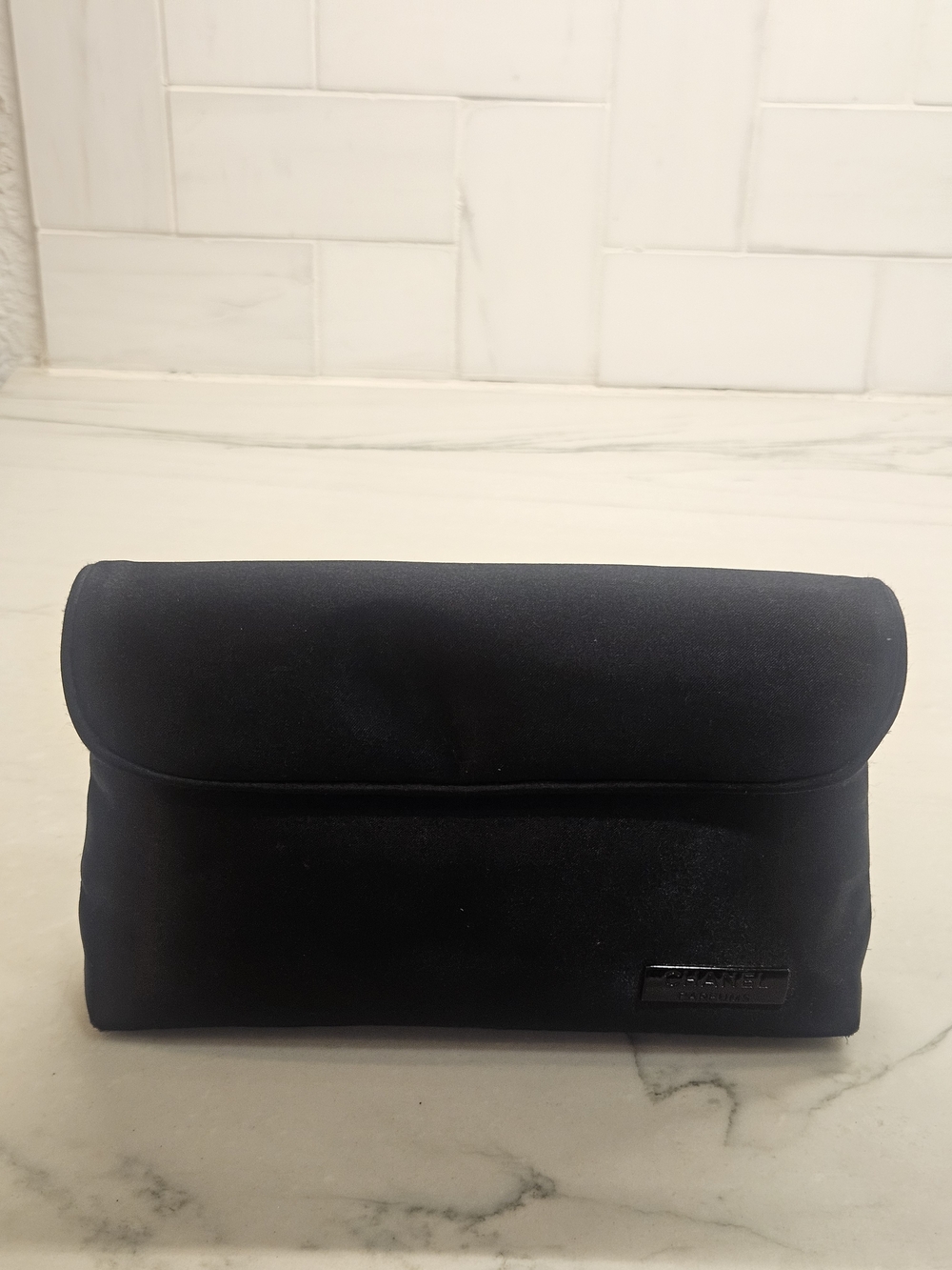 Authentic Chanel Parfums Black Satin Foldover Makeup Clutch Pouch